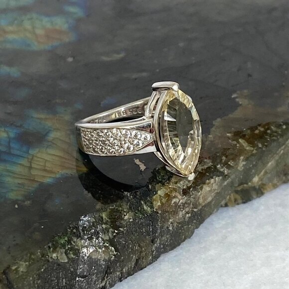 Sterling Silver 925 BBJ Marquise Faceted Yellow CZ & Clear Spinel Accent Ring - Picture 5 of 16